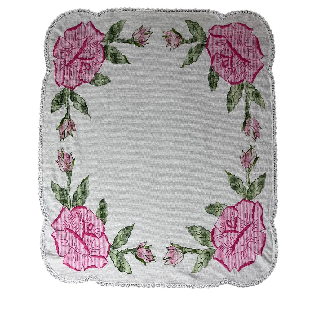 Vintage Embroidered Rose Tablecloth Scallop Crochet Border Woven Texture Cottage